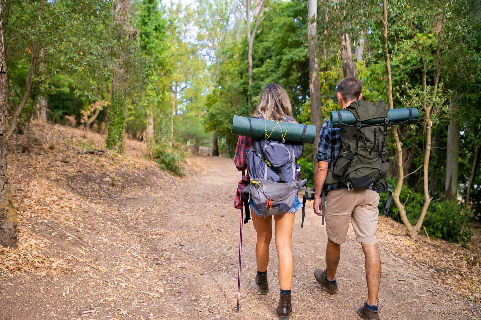To vandrere med rygsække på en skovsti.